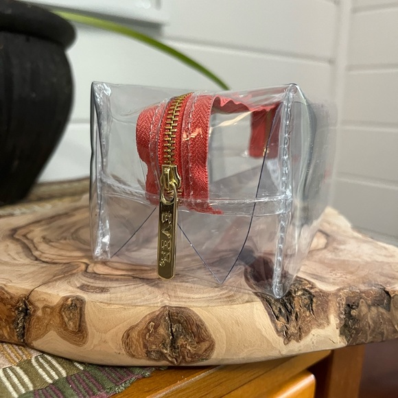 EVER Make-up Case, clear, gold zipper & coral pink, NWOT - Picture 2 of 7